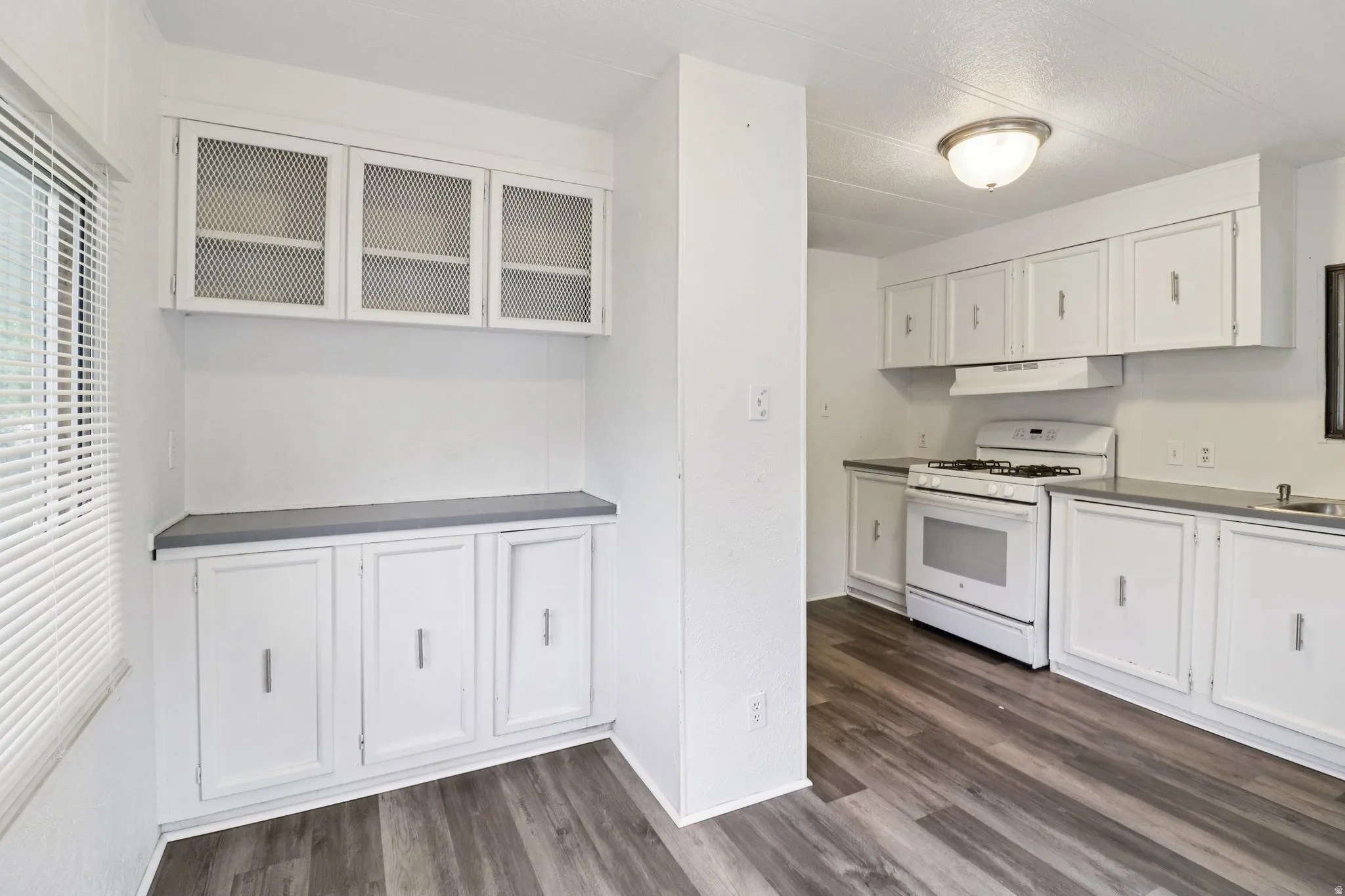 Kitchen featuring white cabinetry, gas range gas stove, dark wood-style floors, glass fronted cabinets, and healthy amount of natural light