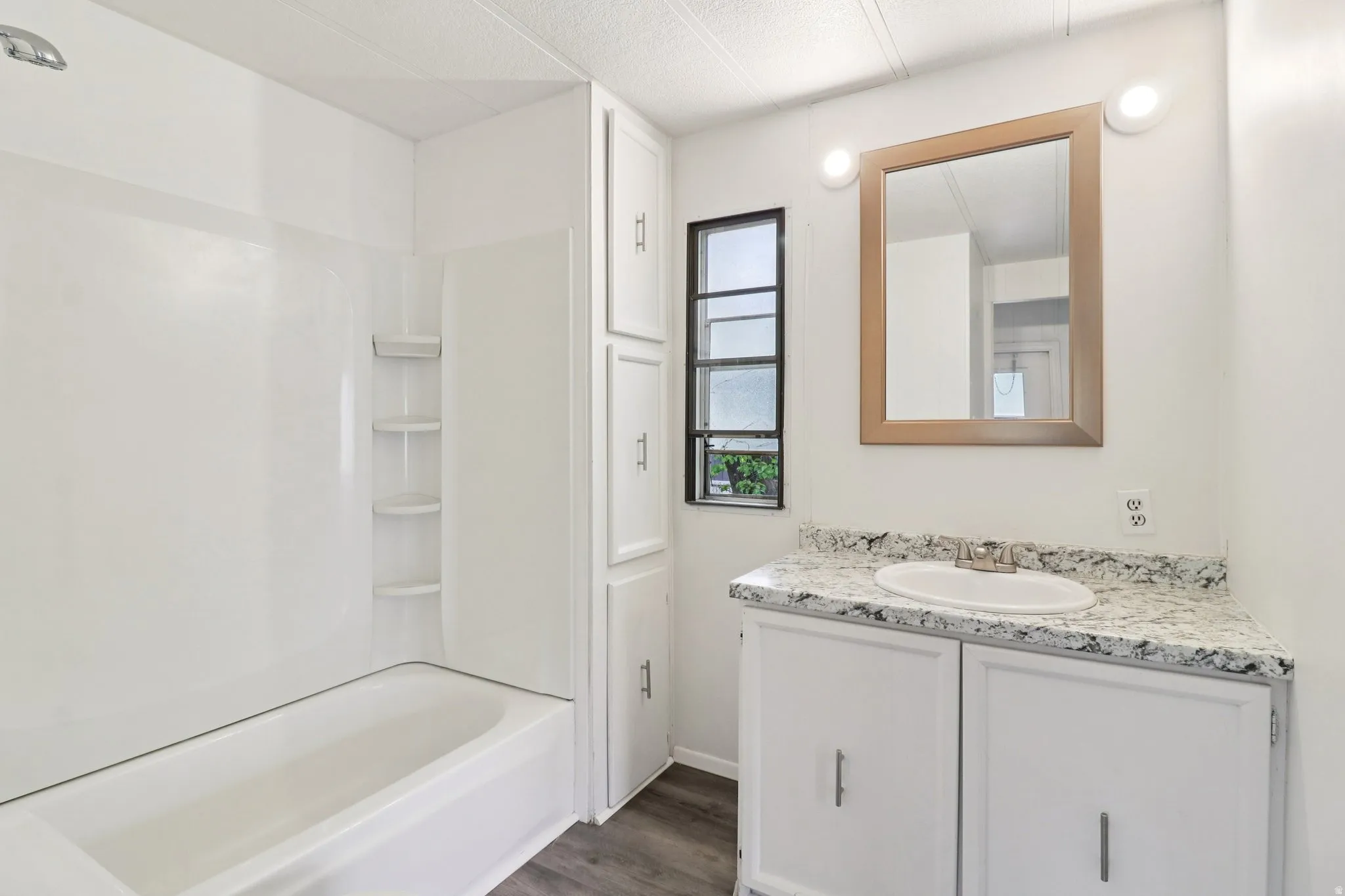 Bathroom featuring vanity, dark wood-type flooring, and shower / bath combination