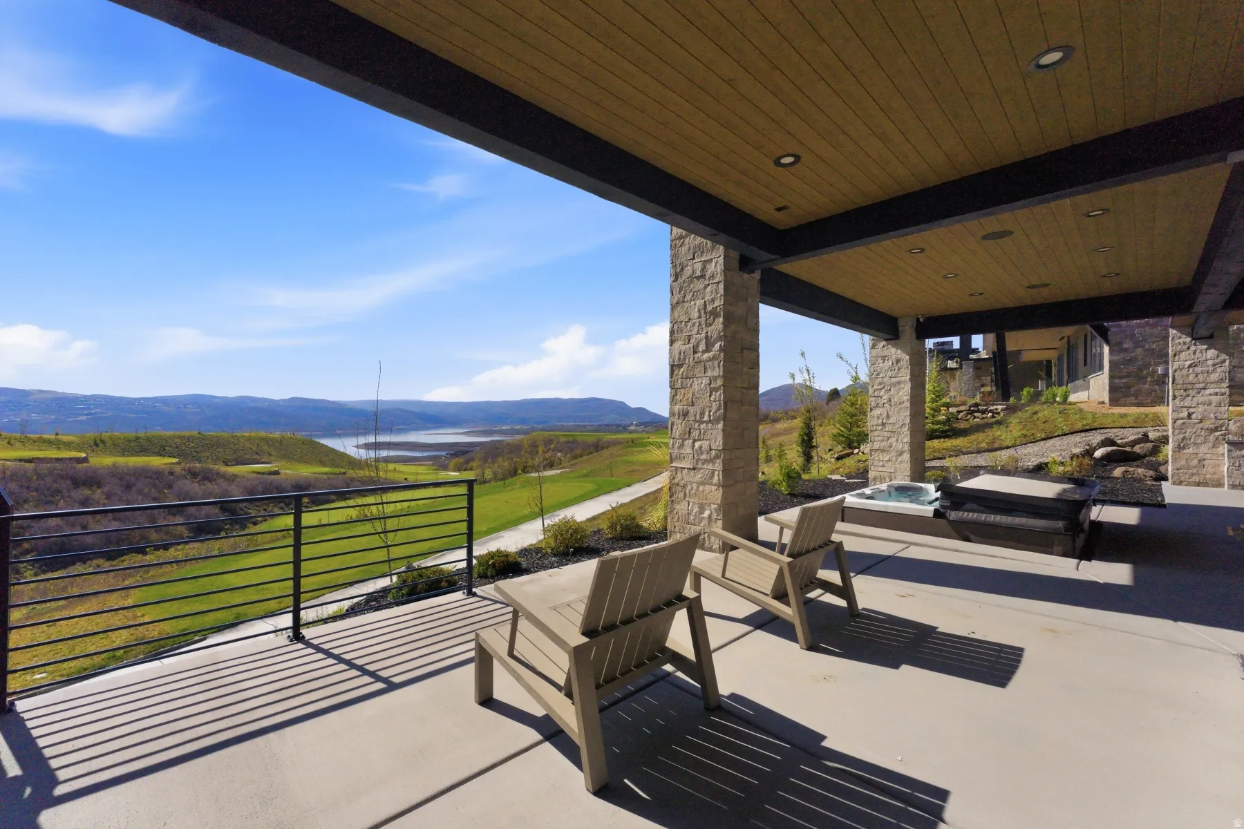 View of patio with a mountain view