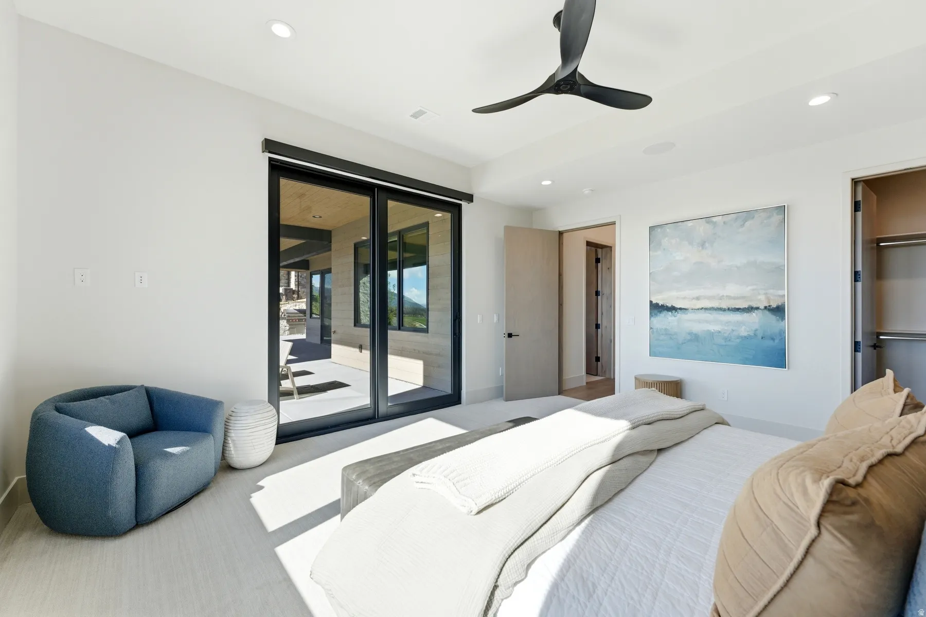 Bedroom featuring ceiling fan, access to outside, and recessed lighting