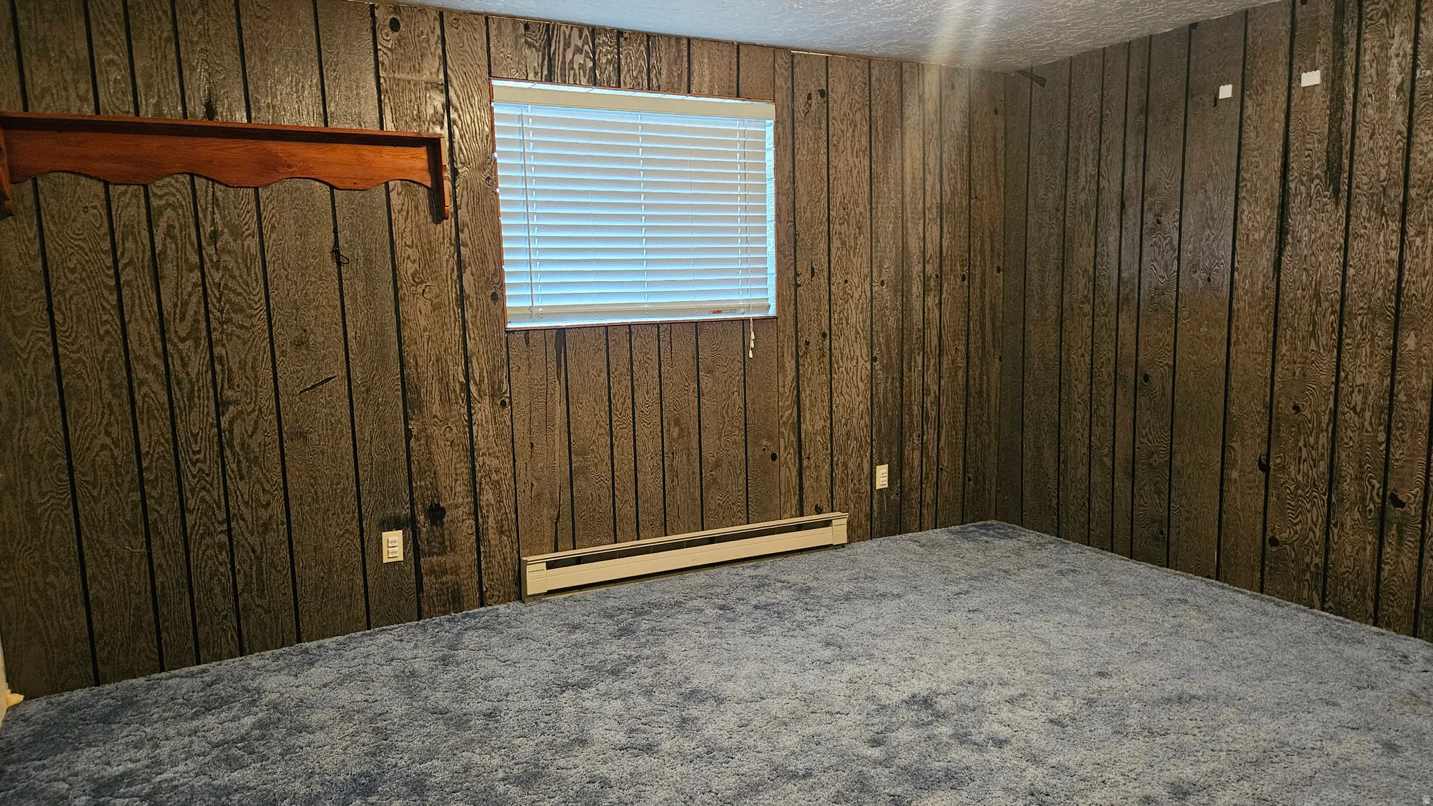Spare room featuring a baseboard heating unit, wooden walls, carpet, and a textured ceiling