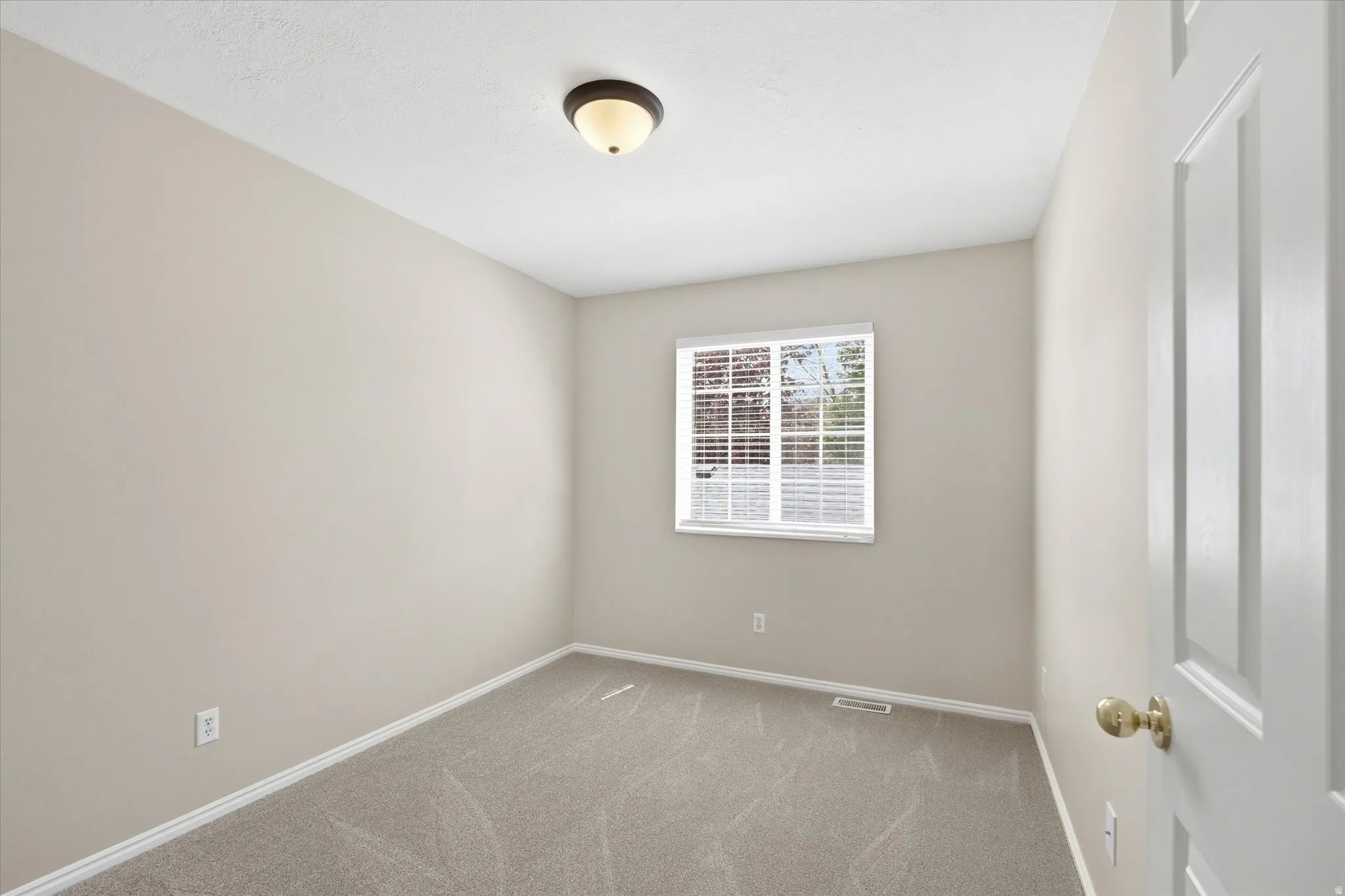 Carpeted room featuring neutral wall tones, a single window with blinds, a white paneled door, and a flush mount ceiling light