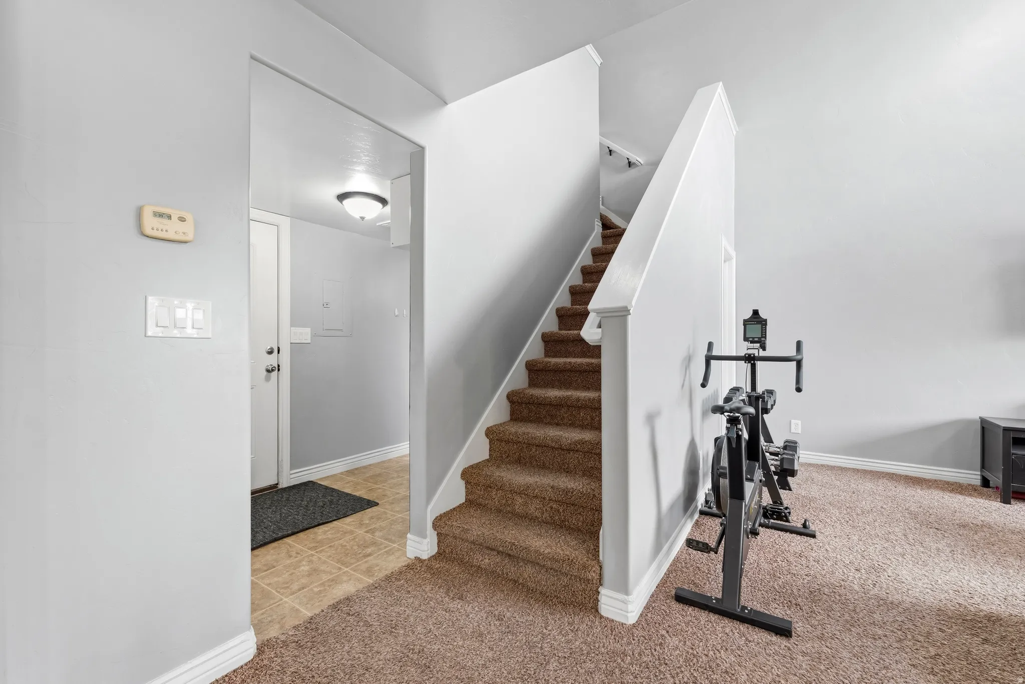 Staircase with carpet and baseboards