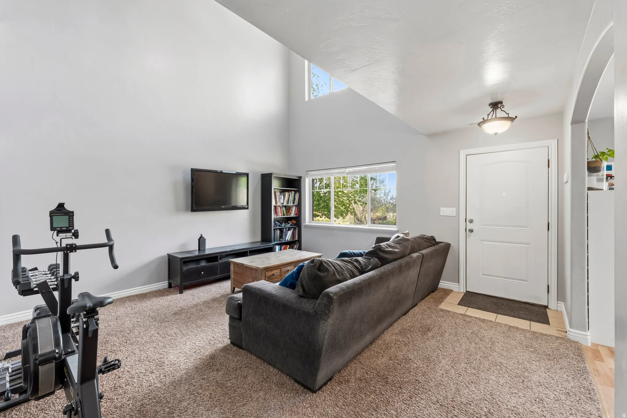 Living room with a high ceiling, healthy amount of natural light, and light carpet