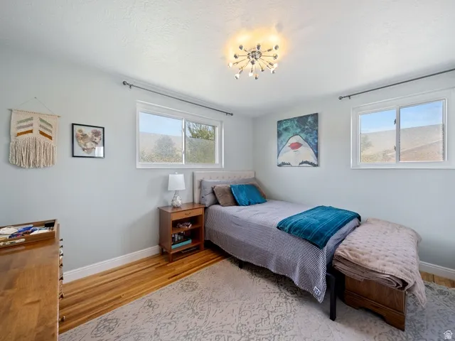 Bedroom #2 featuring light wood flooring, multiple windows, and a textured ceiling
