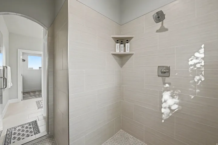 Walk-in shower with light-toned rectangular wall tiling, hexagonal floor tiling, and built-in corner shelving