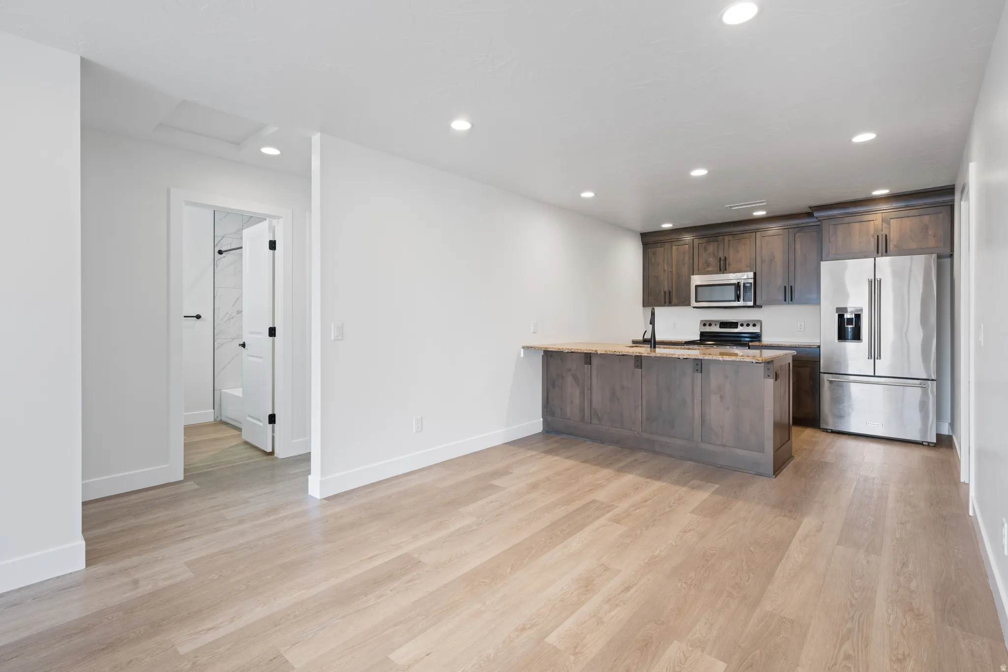 Kitchen with stainless steel appliances, dark wood finish cabinets, a peninsula, light wood-style flooring, and recessed lighting