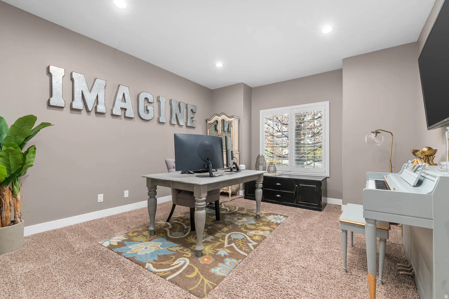 Home office #2 with light colored carpet and recessed lighting