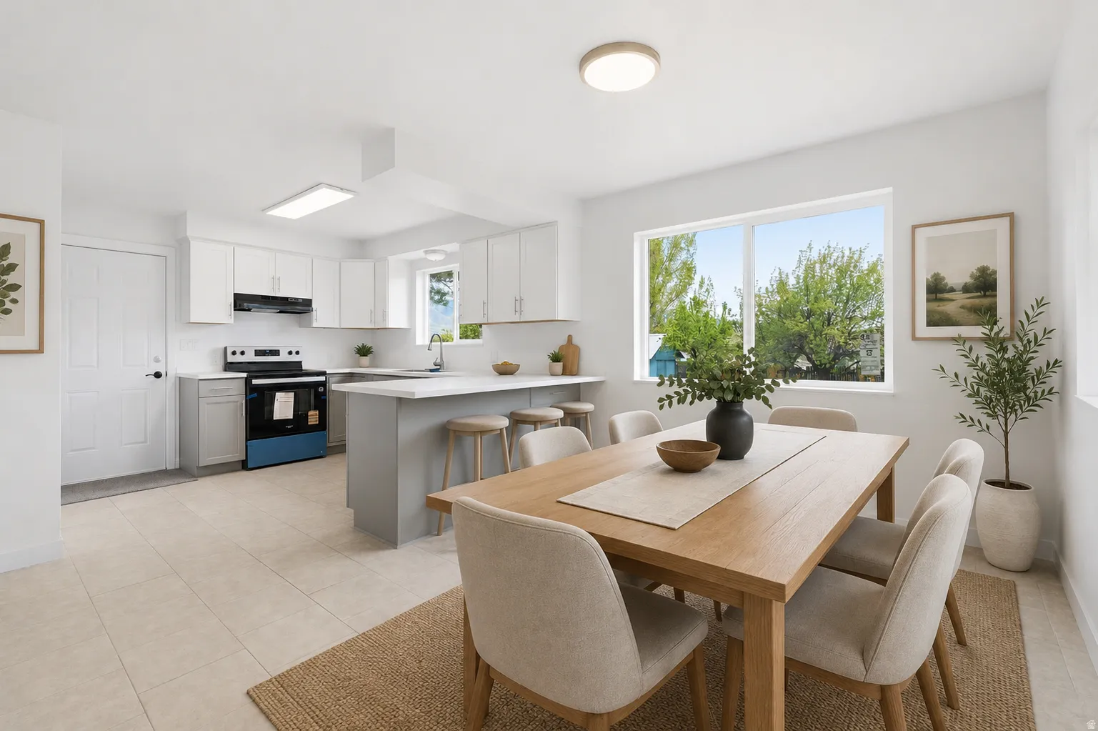 Open-concept dining area with a large window, tile flooring, and recessed lighting