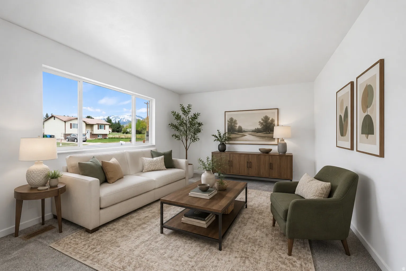Bright living area featuring a large picture window, white walls, and a light-toned carpet