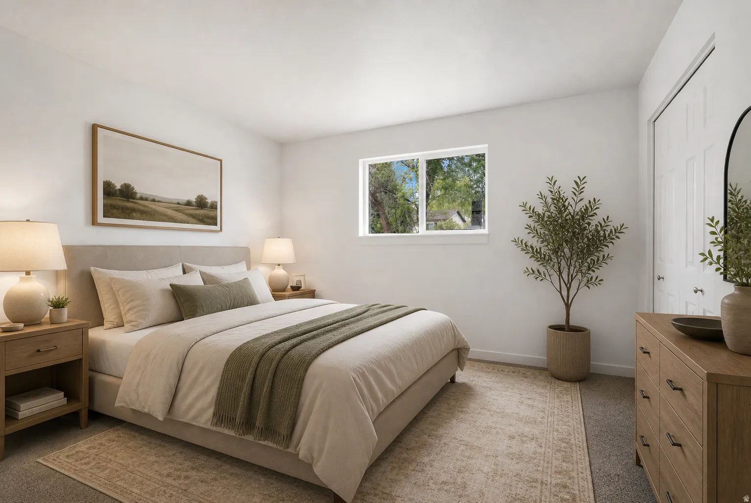Bedroom featuring white walls, a large window, and carpet flooring