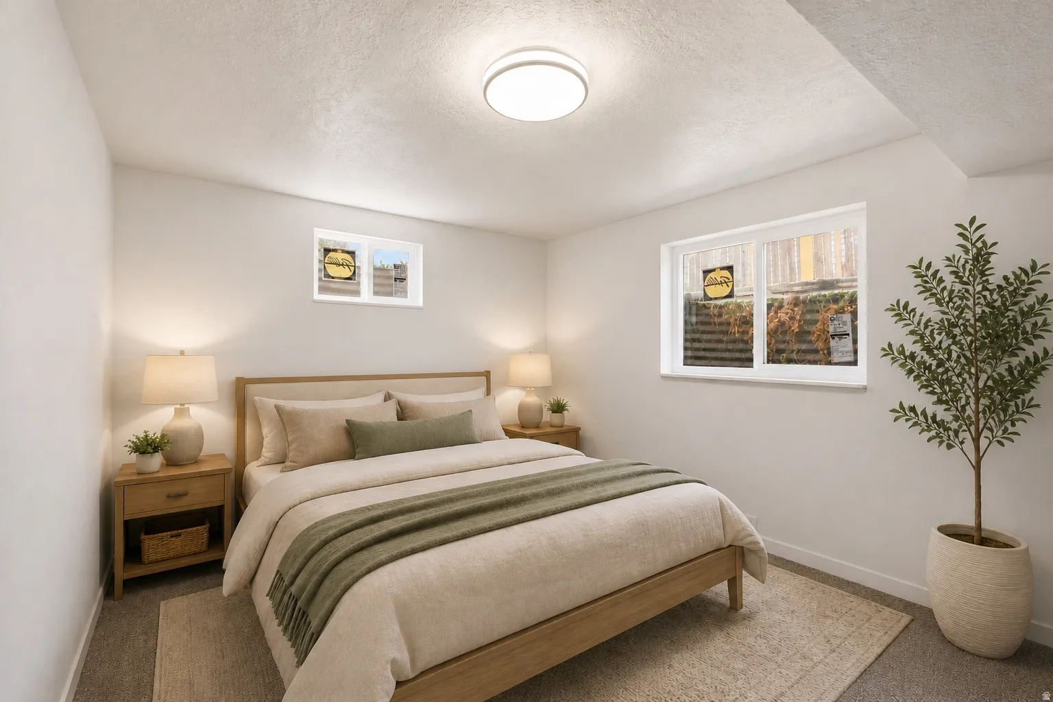 Bright room featuring white walls, carpeted flooring, and a flush-mount ceiling light
