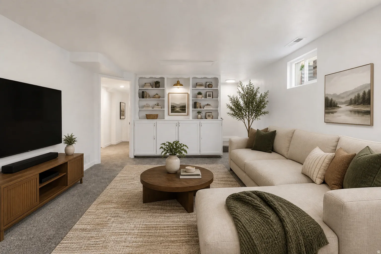 Open-plan living area featuring neutral carpeting and built-in shelving with lower cabinetry