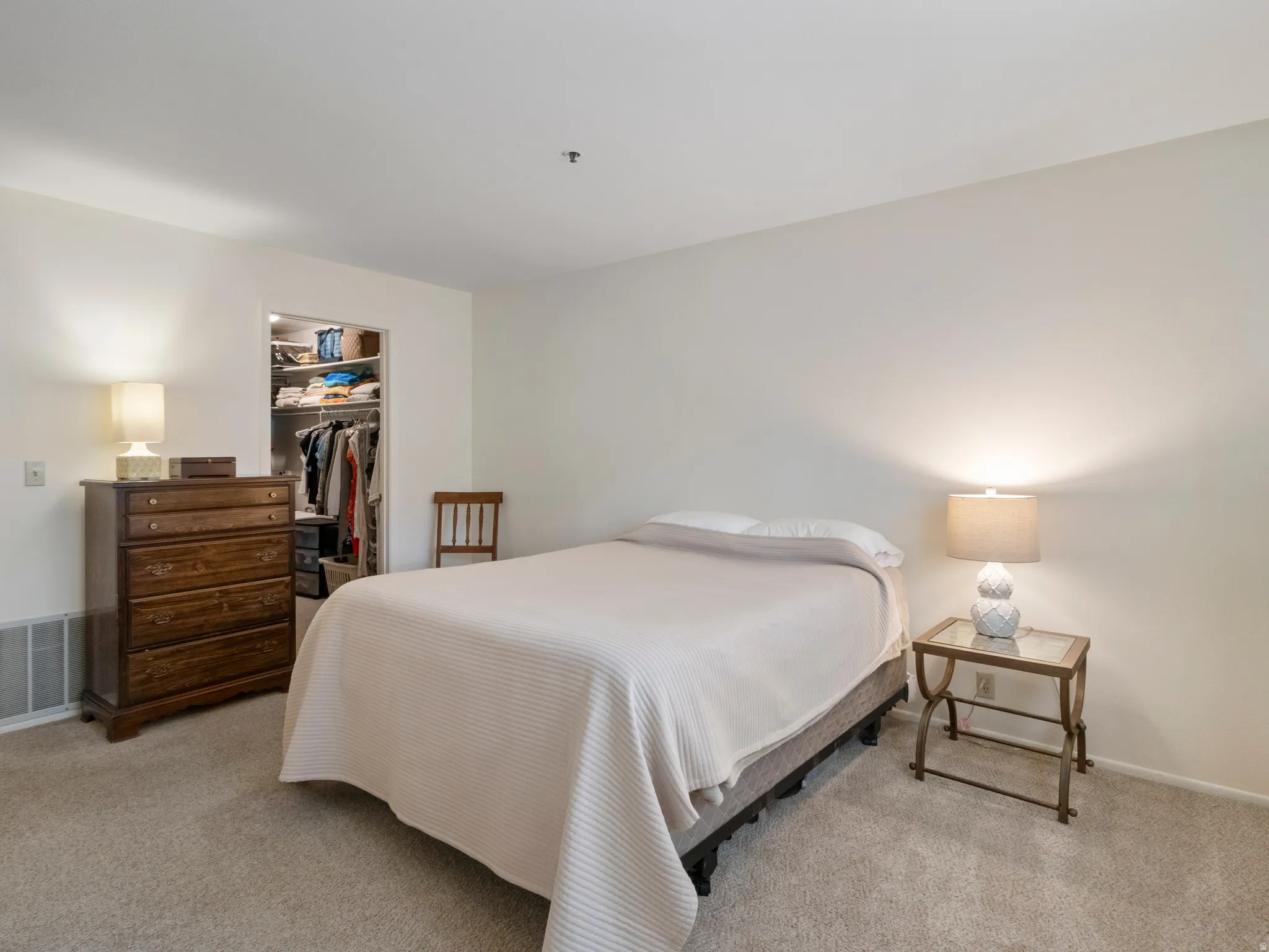 Bedroom featuring a walk in closet and light carpet