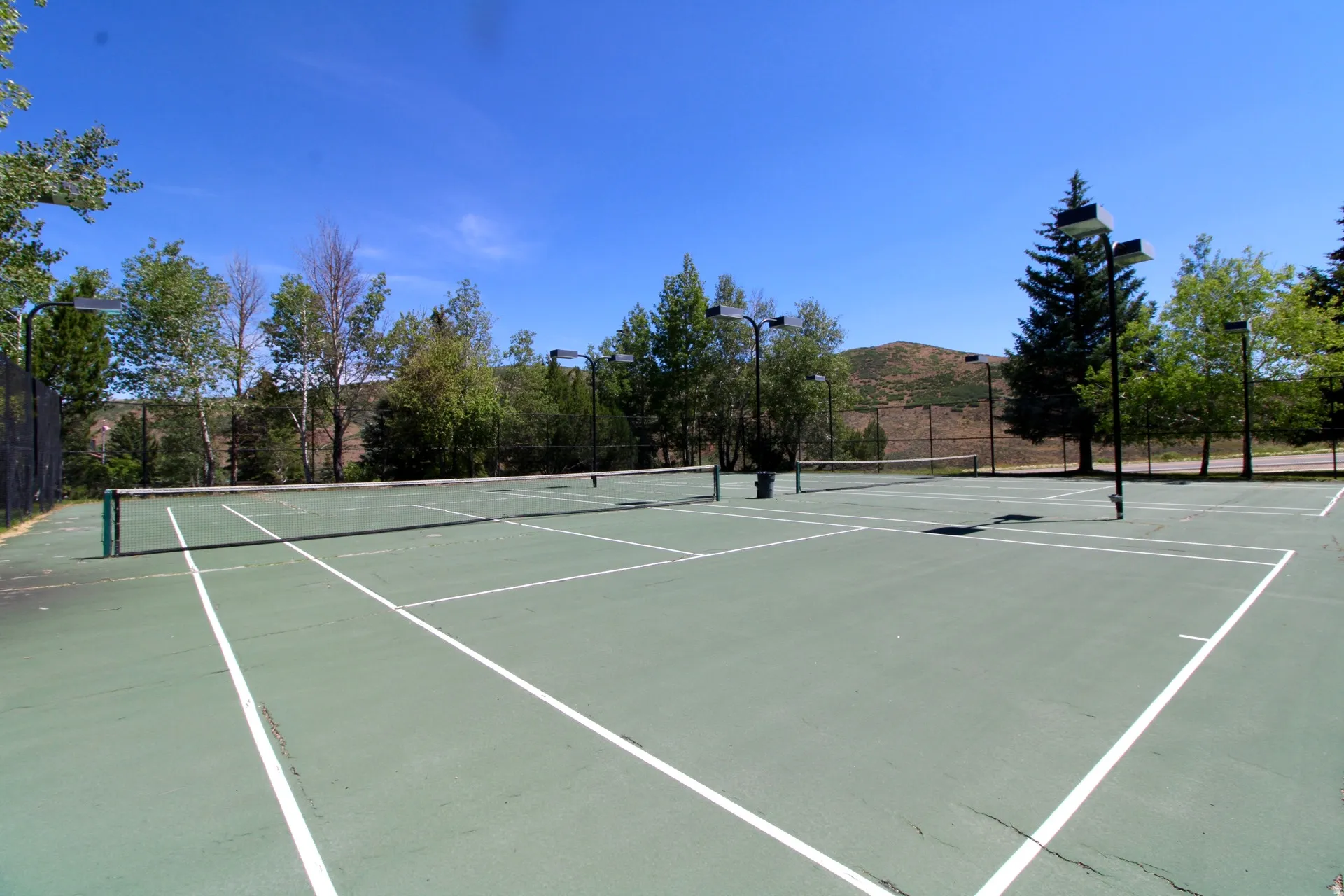 Tennis court with green surface and white line markings
