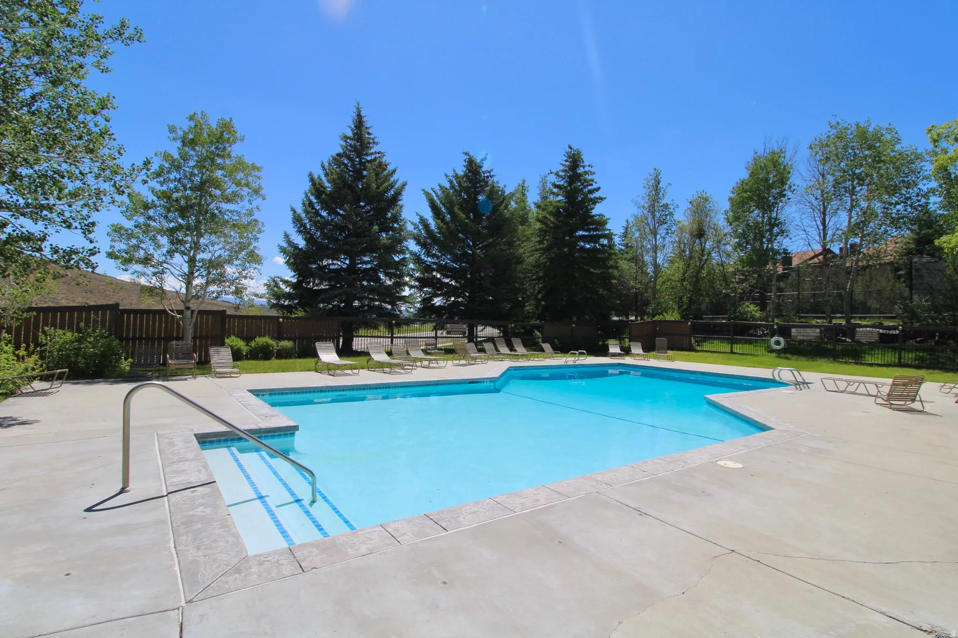 Outdoor swimming pool featuring integrated steps with handrail, a concrete surround, and perimeter landscaping