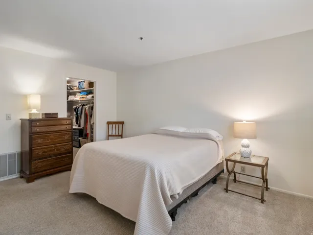 Bedroom featuring a walk in closet and light carpet