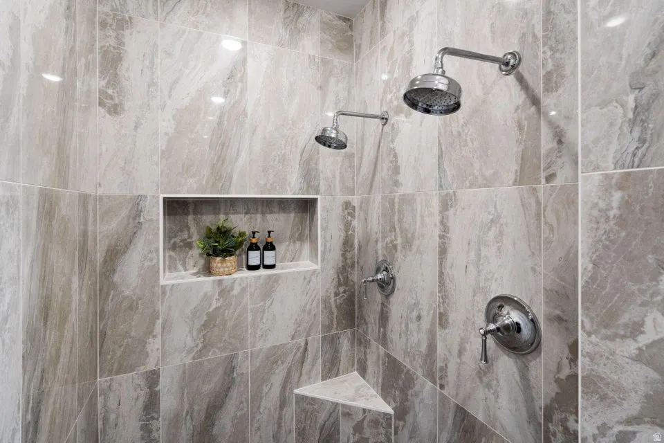 Bathroom view of tiled shower
