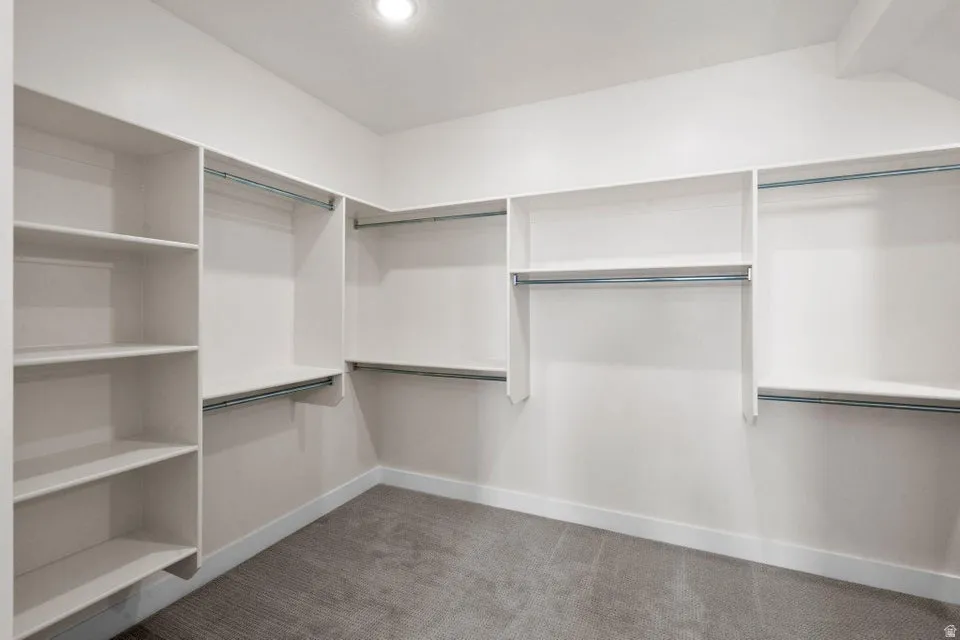Walk in closet featuring light carpet