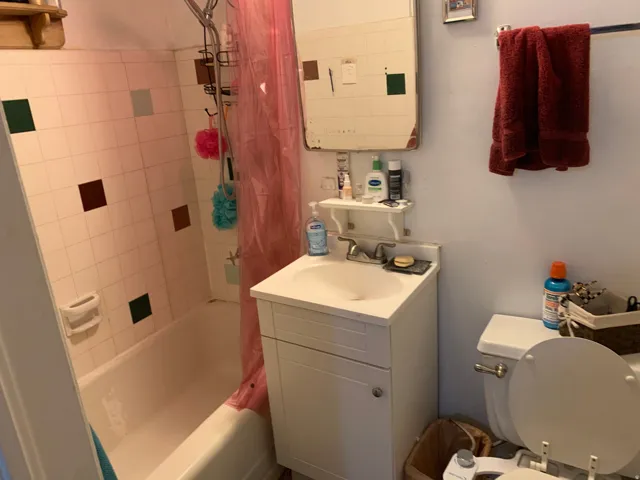Bathroom featuring vanity and shower / bath combination with curtain