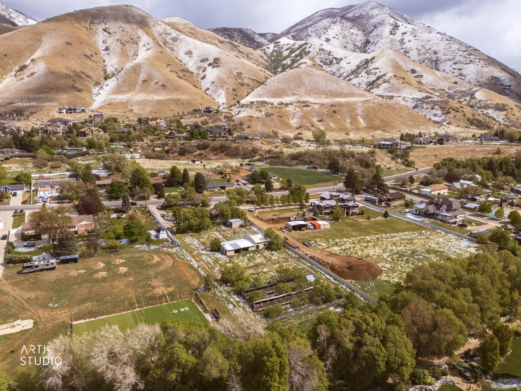 Aerial view of a mountainous background
