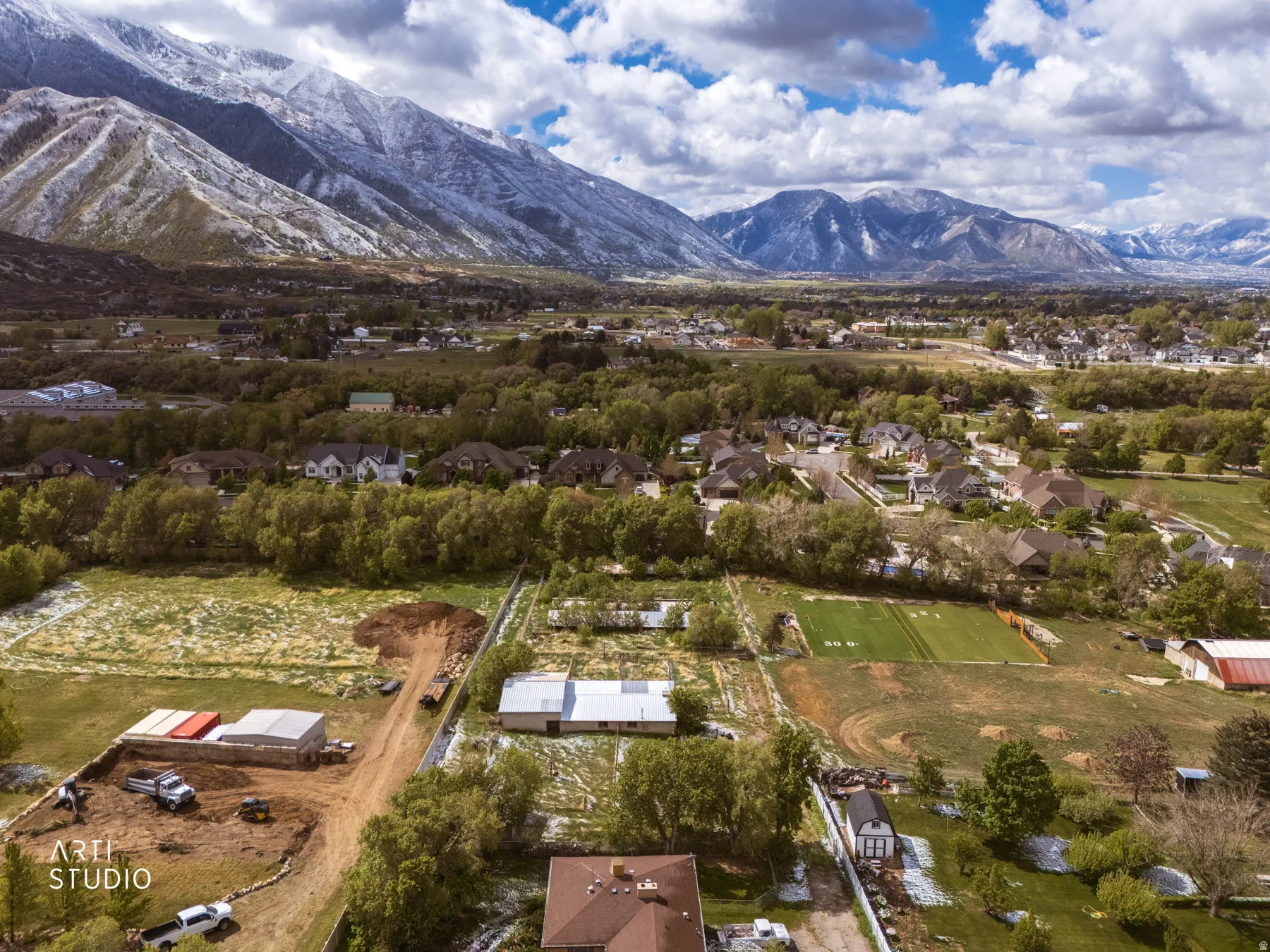 Aerial view of a mountain backdrop