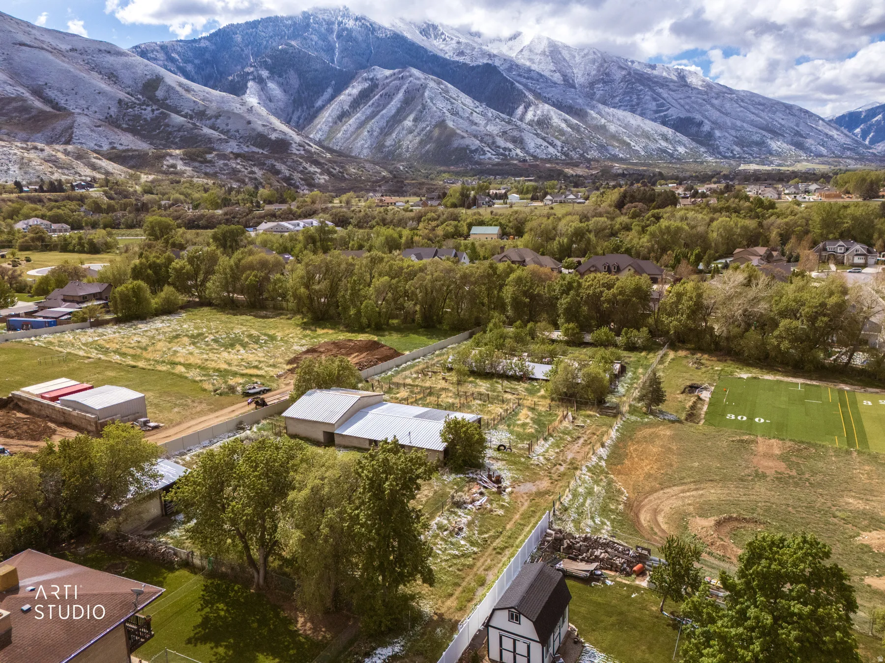 Aerial view of a mountain backdrop