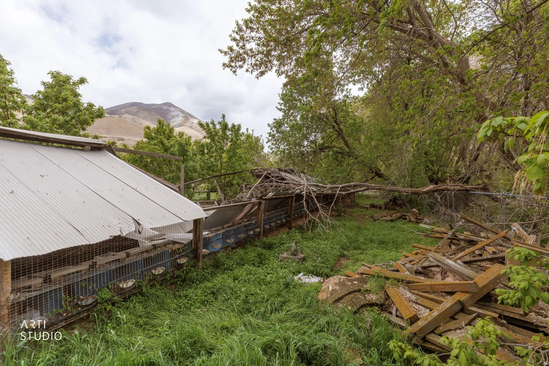 View of yard with a mountain view and exterior structure