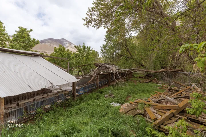 View of yard with a mountain view and exterior structure