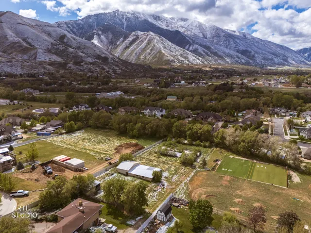 Aerial perspective of suburban area with a mountain backdrop