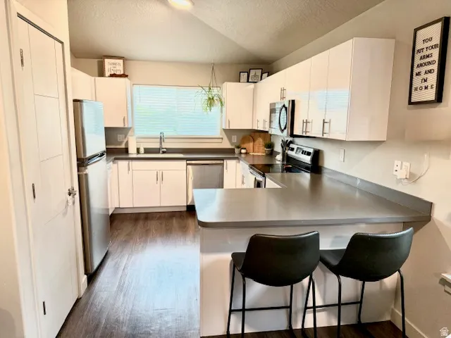 Kitchen featuring a peninsula, stainless steel appliances, a breakfast bar area, white cabinetry, and dark wood-type flooring