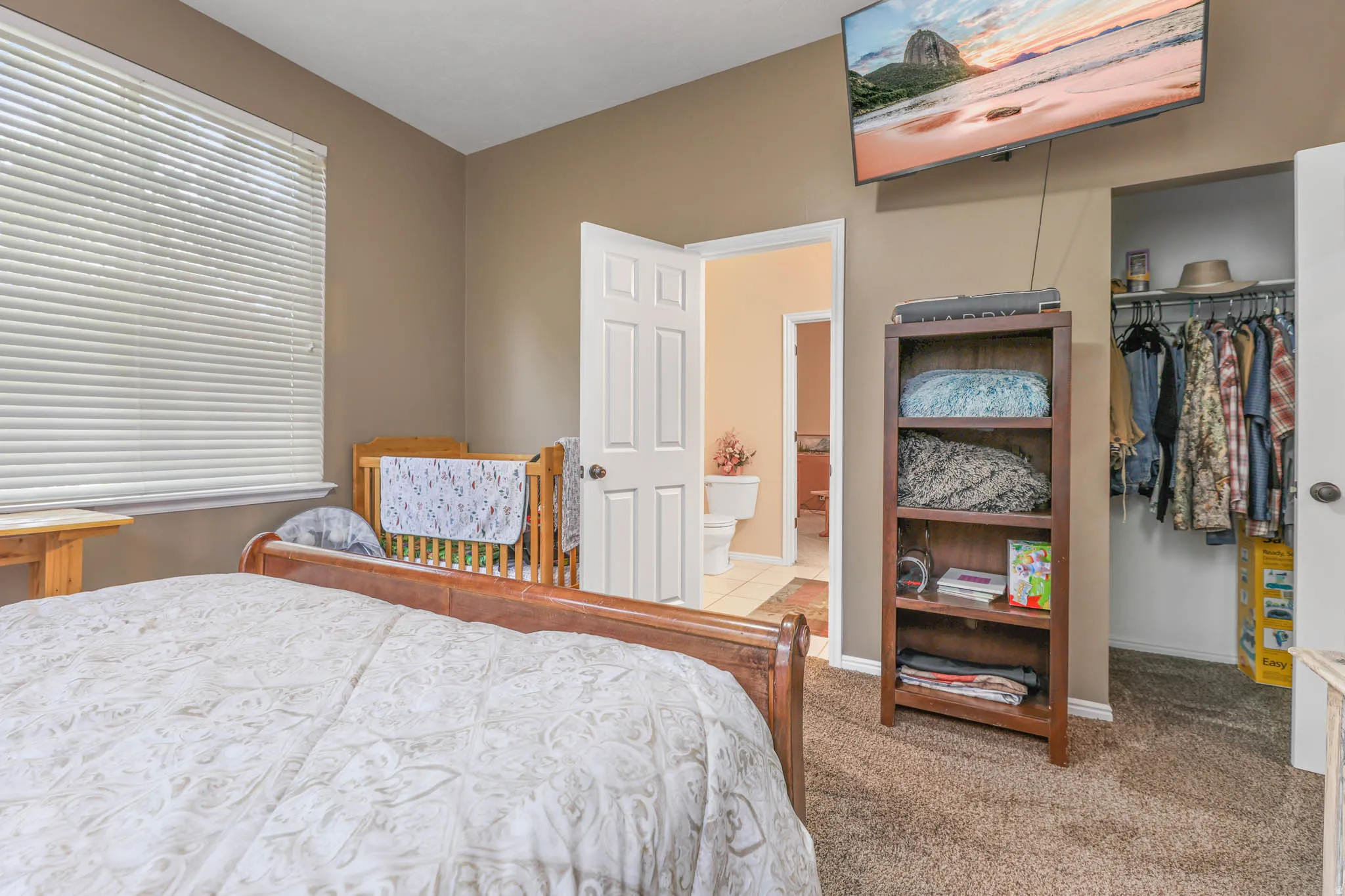 Carpeted bedroom with baseboards and a spacious closet