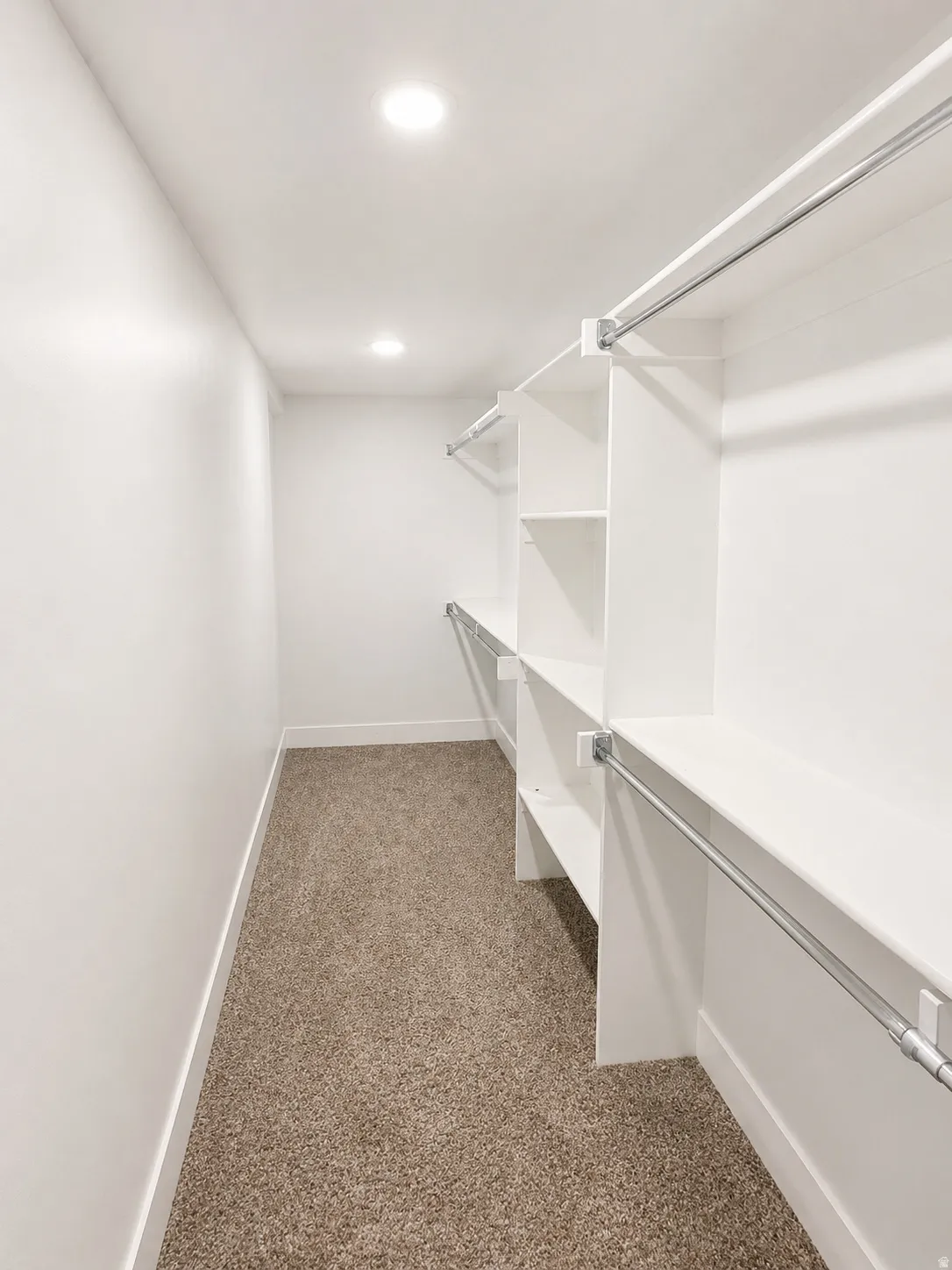 Walk in closet featuring dark colored carpet