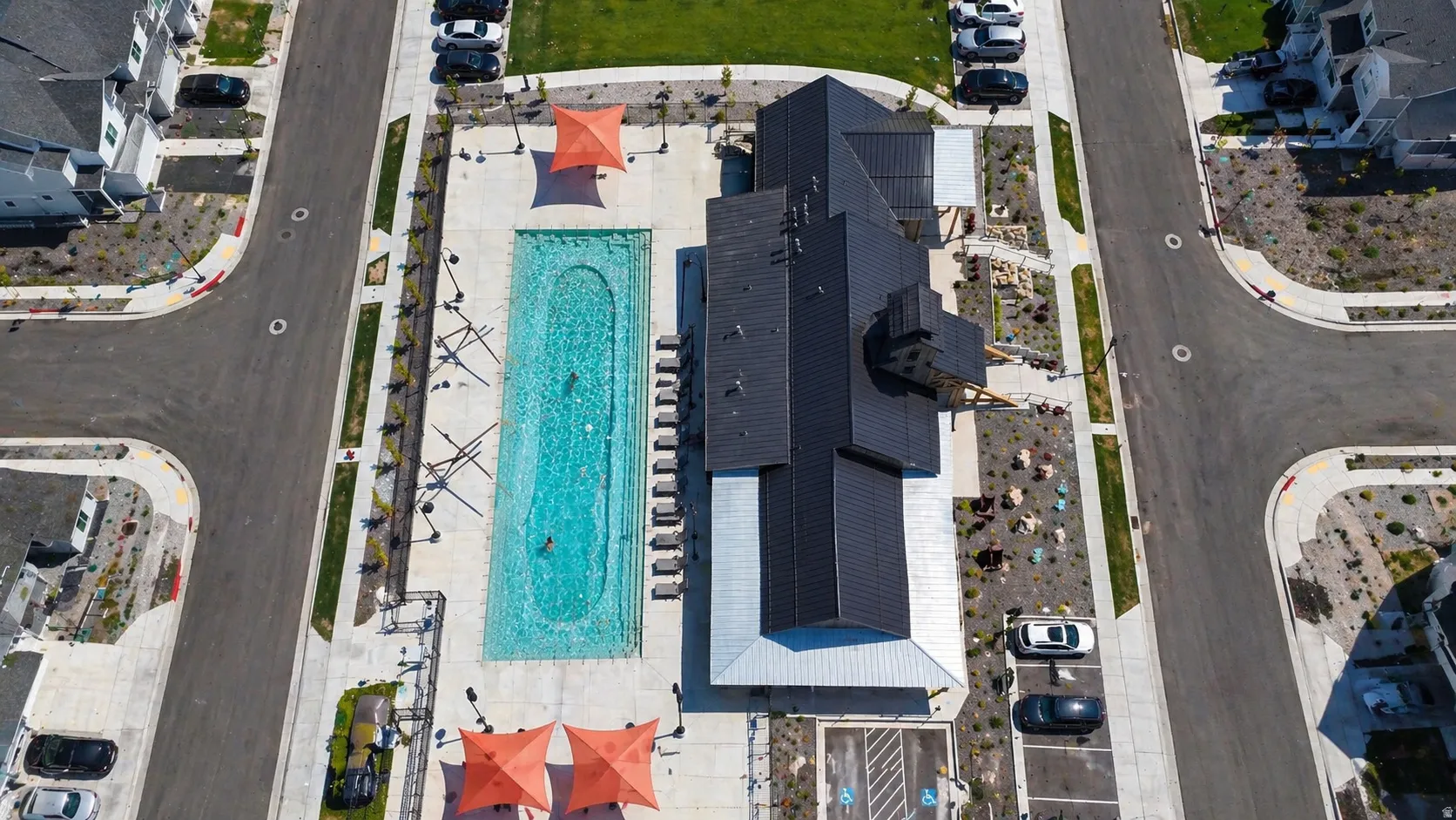 Drone / aerial view of a pool