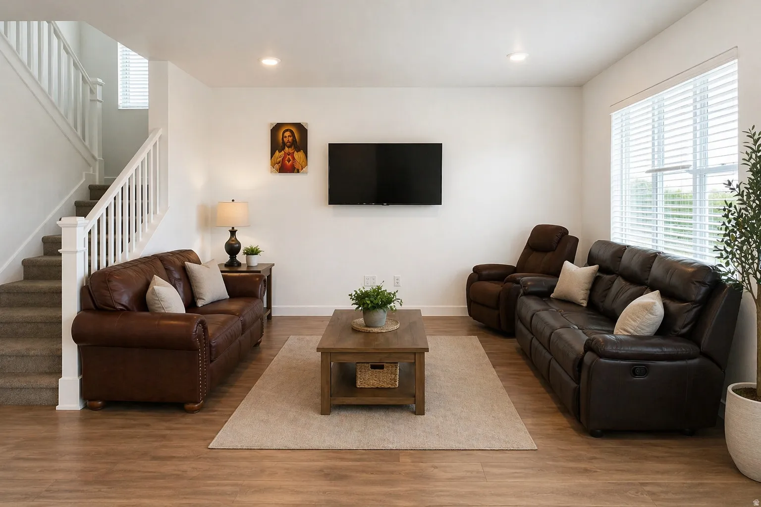 Living area with wood finished floors and recessed lighting