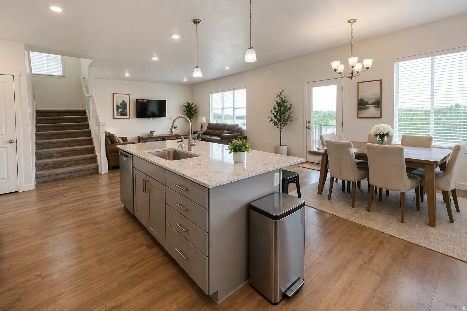 Kitchen with open floor plan, light stone countertops, a center island with sink, gray cabinetry, and dark wood-type flooring