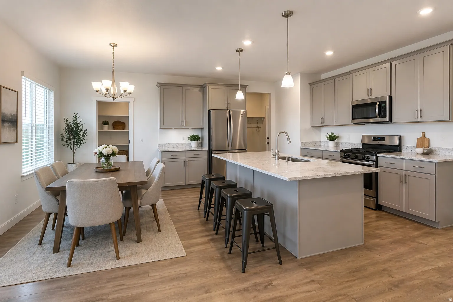 Kitchen featuring gray cabinetry, stainless steel appliances, light stone counters, light wood-style flooring, and a center island with sink