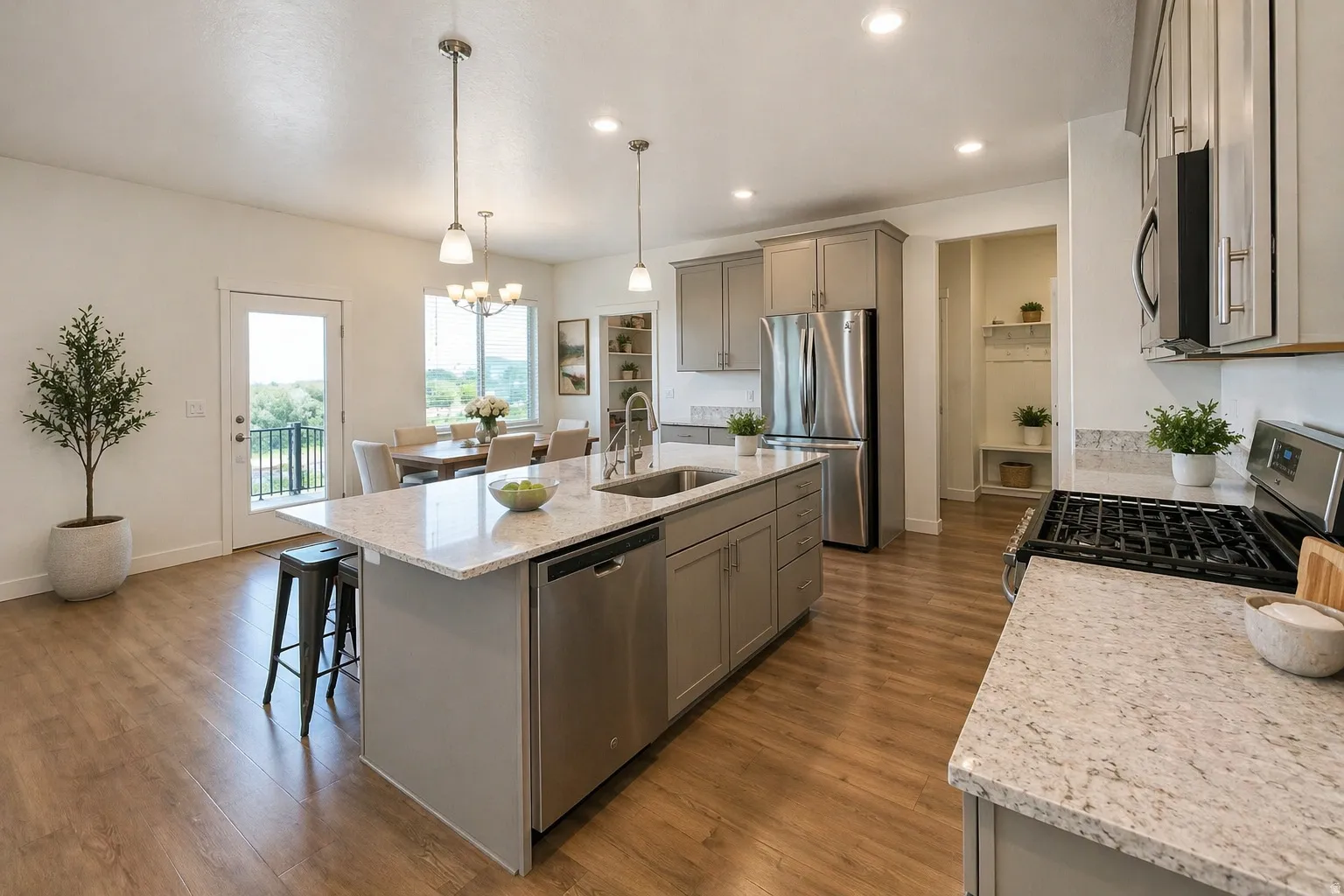 Kitchen featuring gray cabinets, light stone counters, stainless steel appliances, and dark wood-style flooring