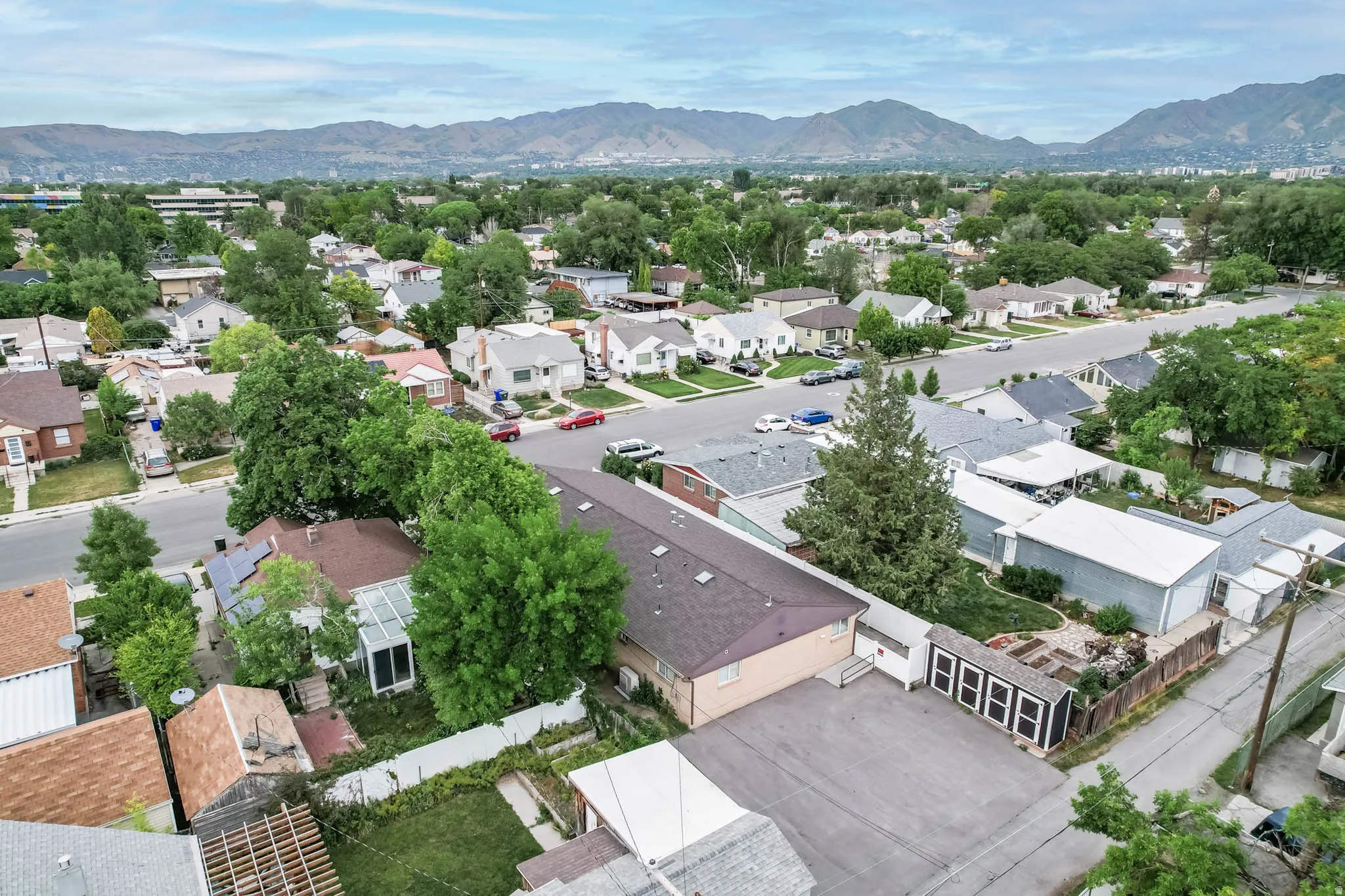 Aerial view of residential area with a mountain backdrop