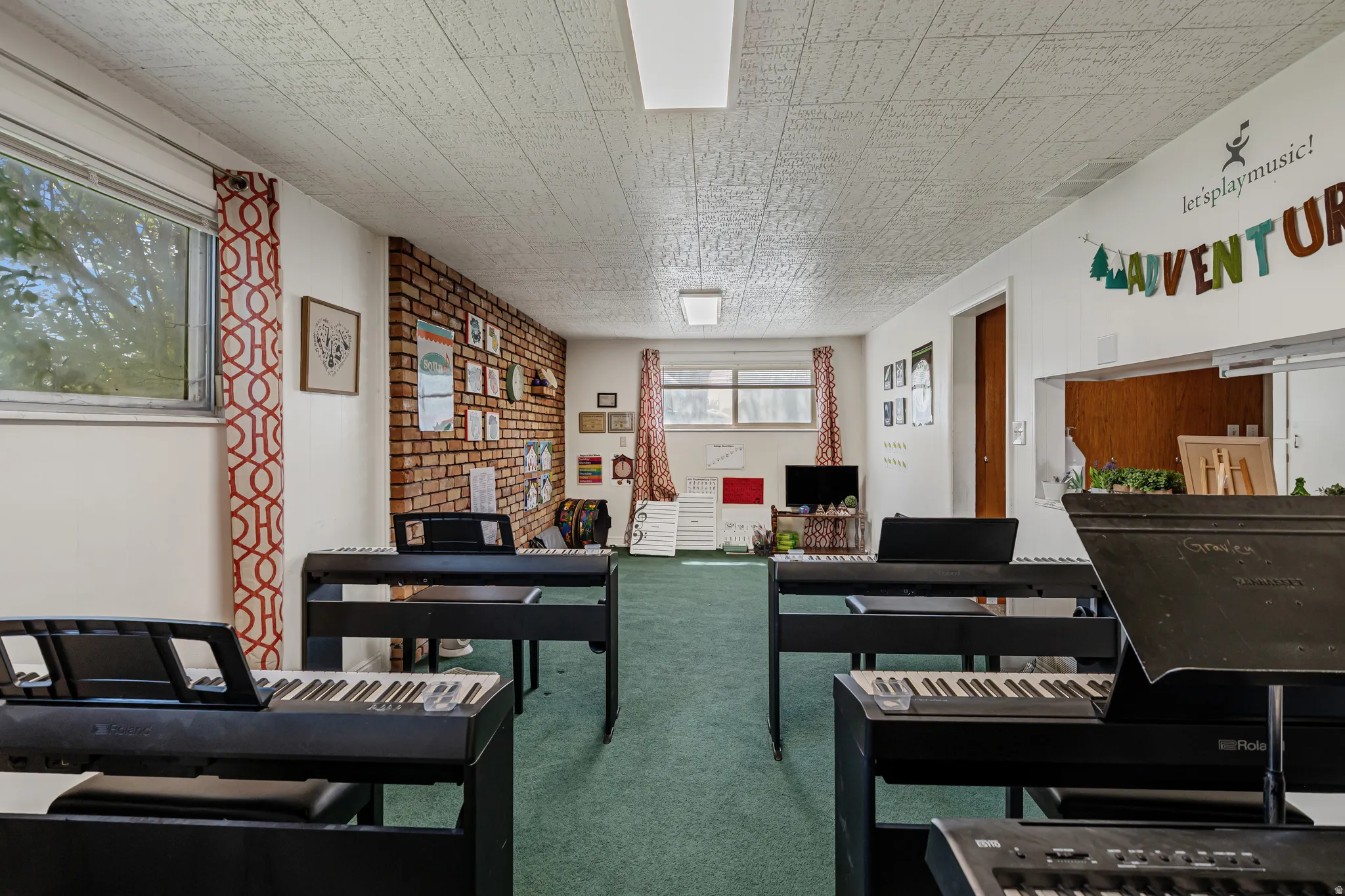 Living area with carpet flooring