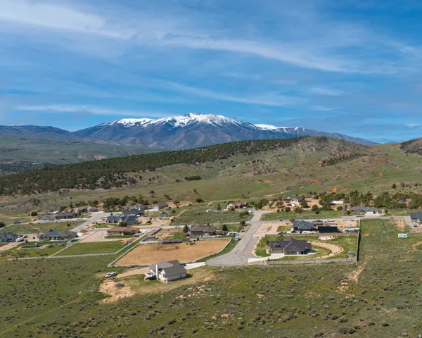 Aerial perspective of suburban area with mountains