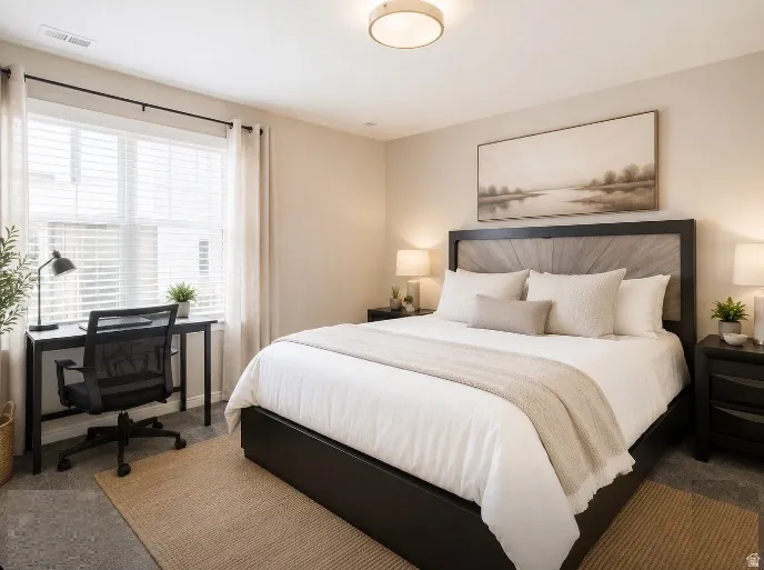 Spacious bedroom featuring virtually staged neutral wall tones, a large window with blinds and drapes, and a contemporary ceiling light fixture