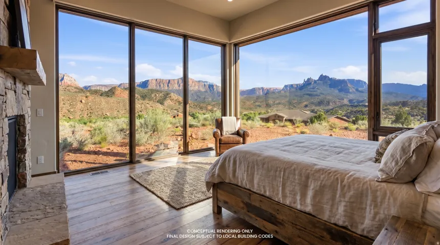 Bedroom with a mountain view, hardwood / wood-style floors, a fireplace, and access to exterior