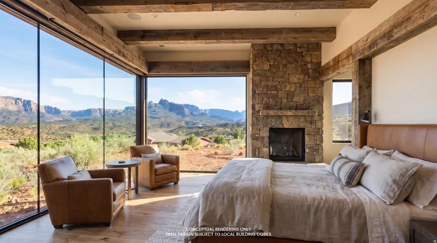 Bedroom featuring a mountain view, hardwood / wood-style floors, a stone fireplace, beamed ceiling, and access to exterior