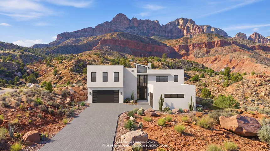 Contemporary home featuring a mountain view, stucco siding, decorative driveway, and a garage