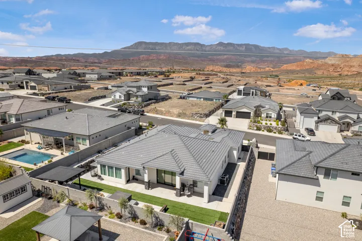 Aerial perspective of suburban area featuring mountains