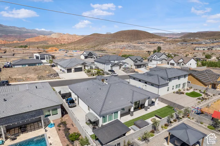 Aerial perspective of suburban area featuring mountains