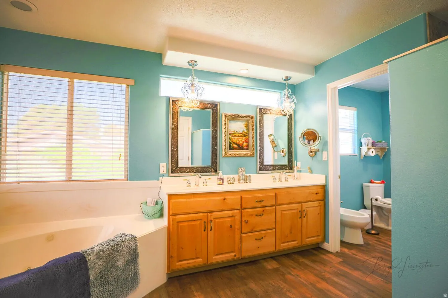 Bathroom with double vanity, a garden tub, dark wood-style floors, and a bidet