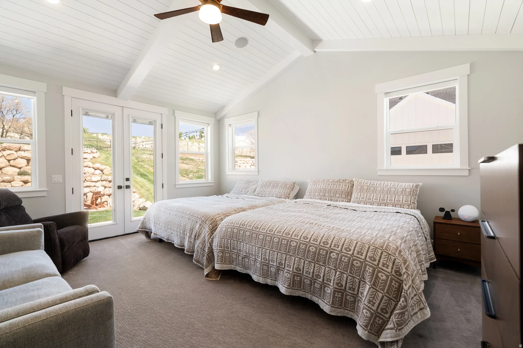 Bedroom with french doors, access to exterior, dark carpet, recessed lighting, and ceiling fan