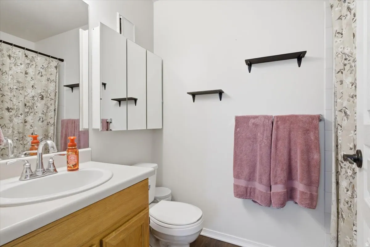 Bathroom with a shower with curtain and vanity
